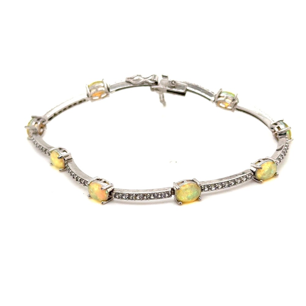 Silver Tone Oval Opal and Crystal Tennis Link Bracelet 7.5 Inch